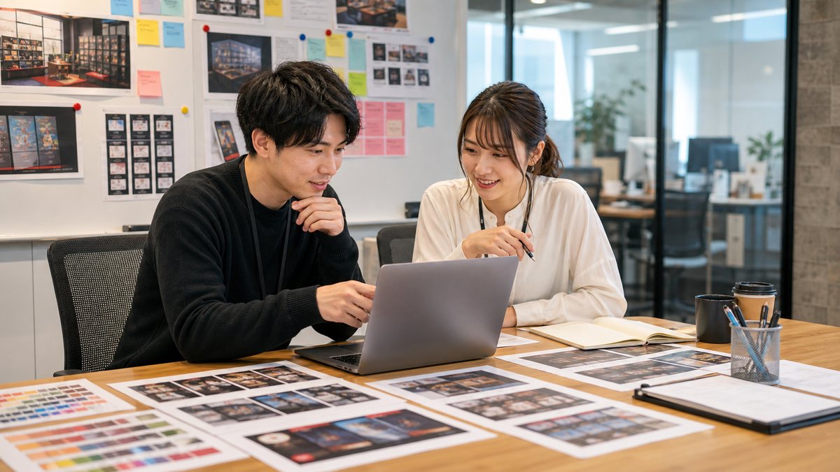 マーケティング担当者が企画について話し合っている様子