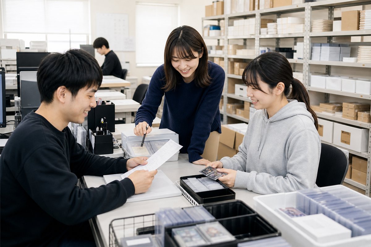 事務所スタッフが通販業務や査定について相談している様子