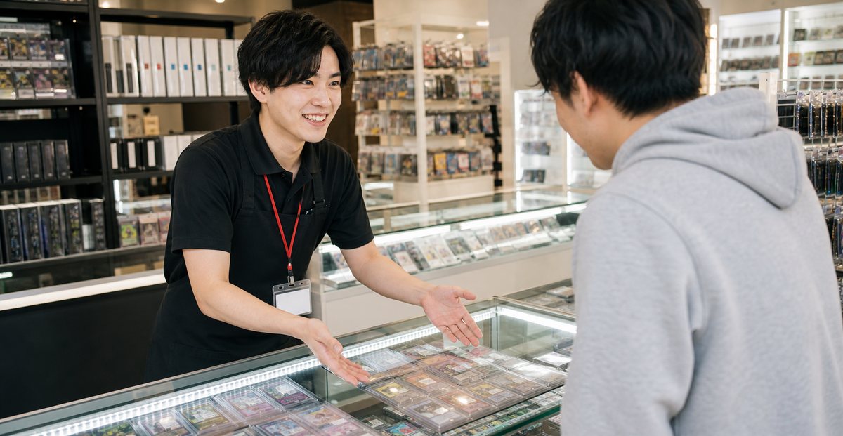 店舗スタッフがカードショップで接客している様子